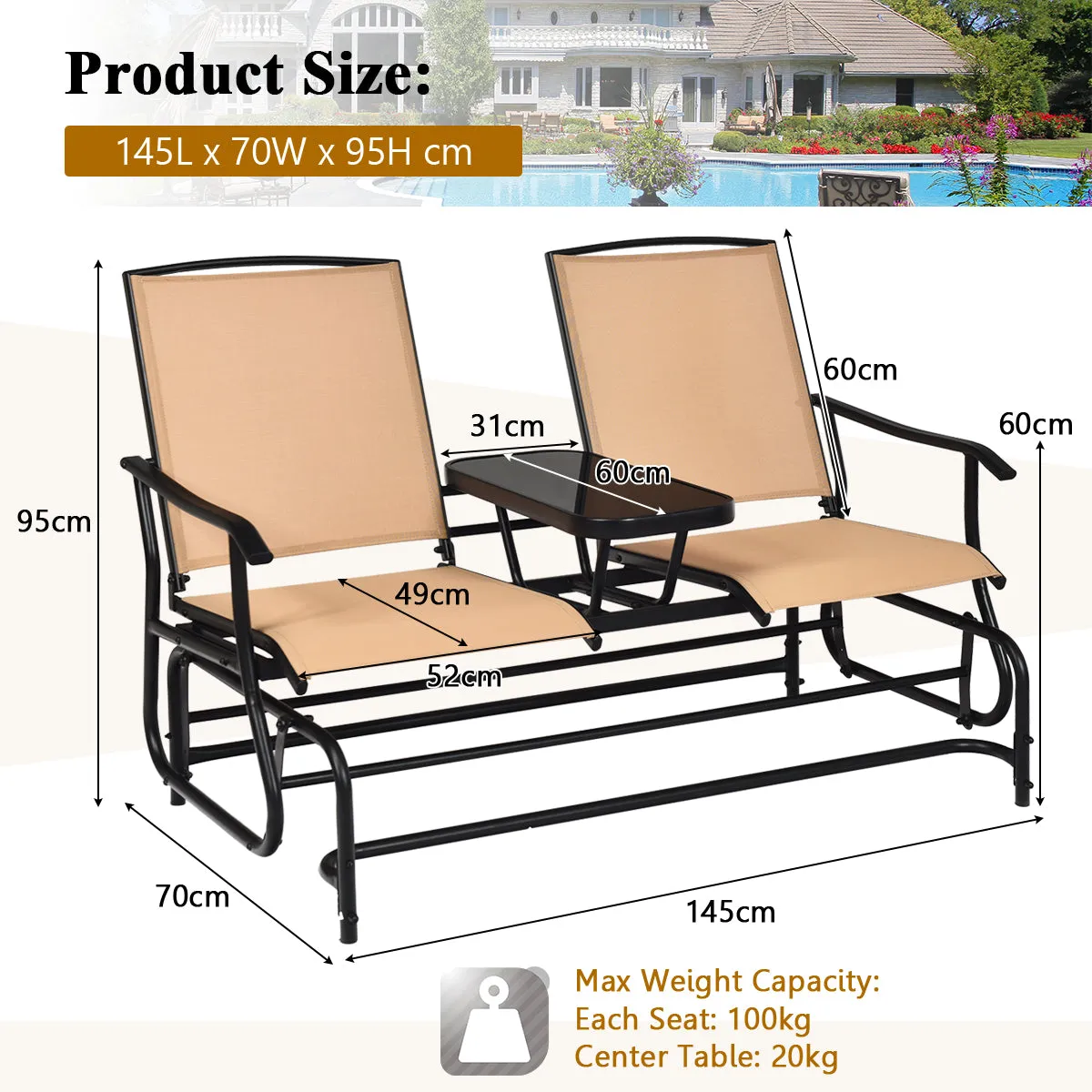 2 Seater Garden Rocking Lounge with Centre Table-Beige