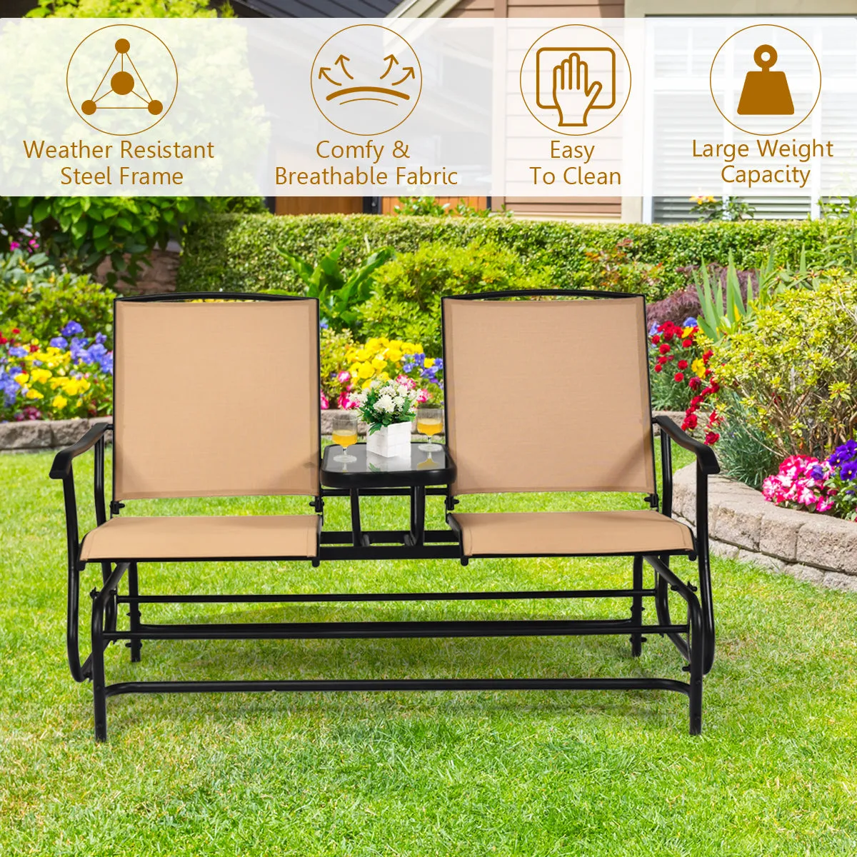 2 Seater Garden Rocking Lounge with Centre Table-Beige