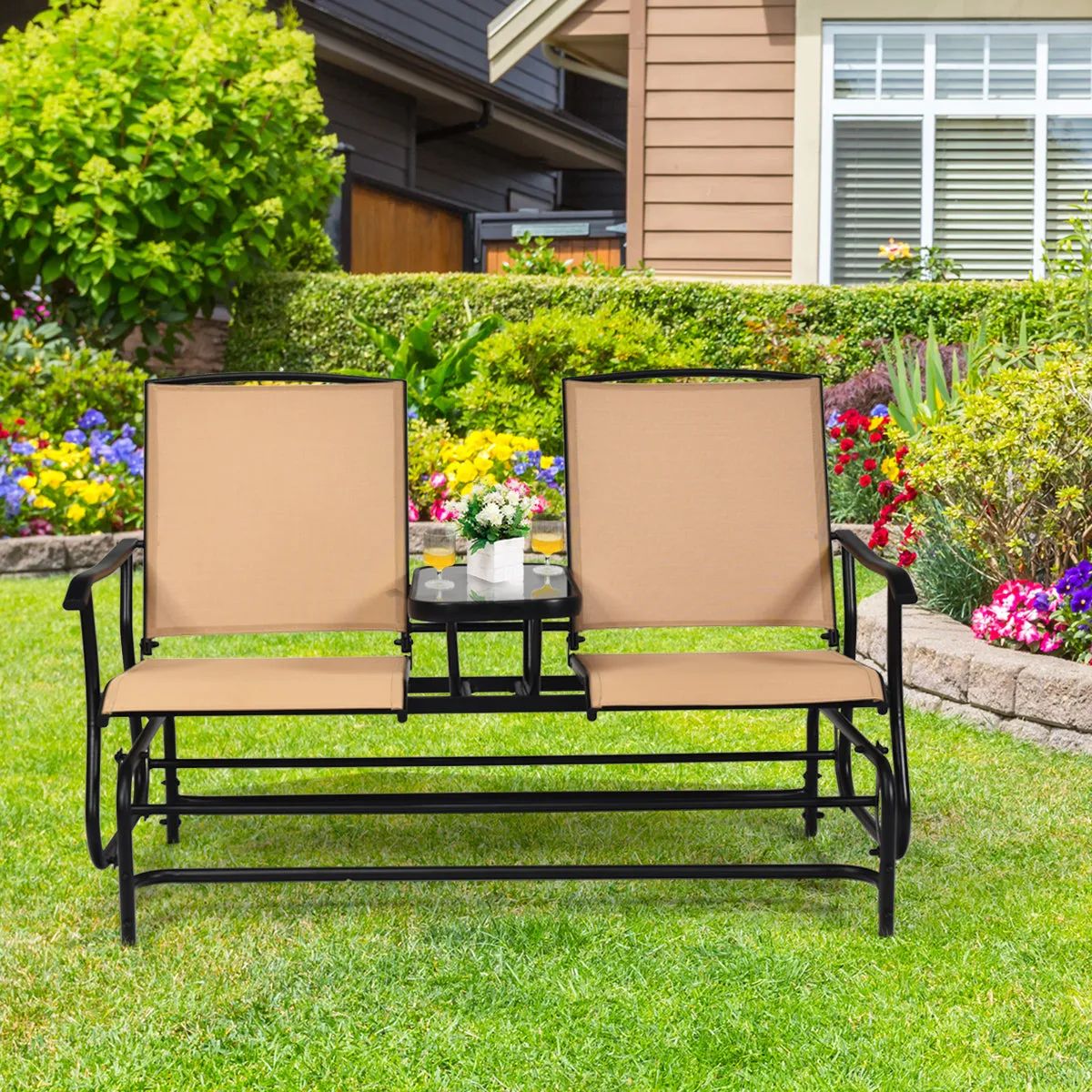 2 Seater Garden Rocking Lounge with Centre Table-Beige