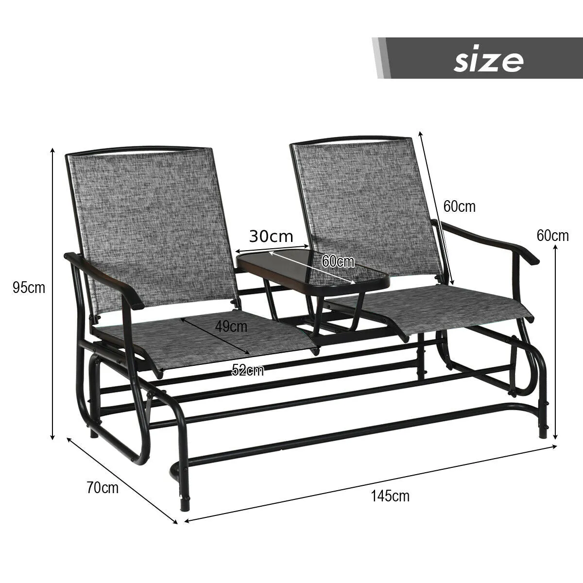 2 Seater Garden Rocking Lounge with Centre Table-Grey