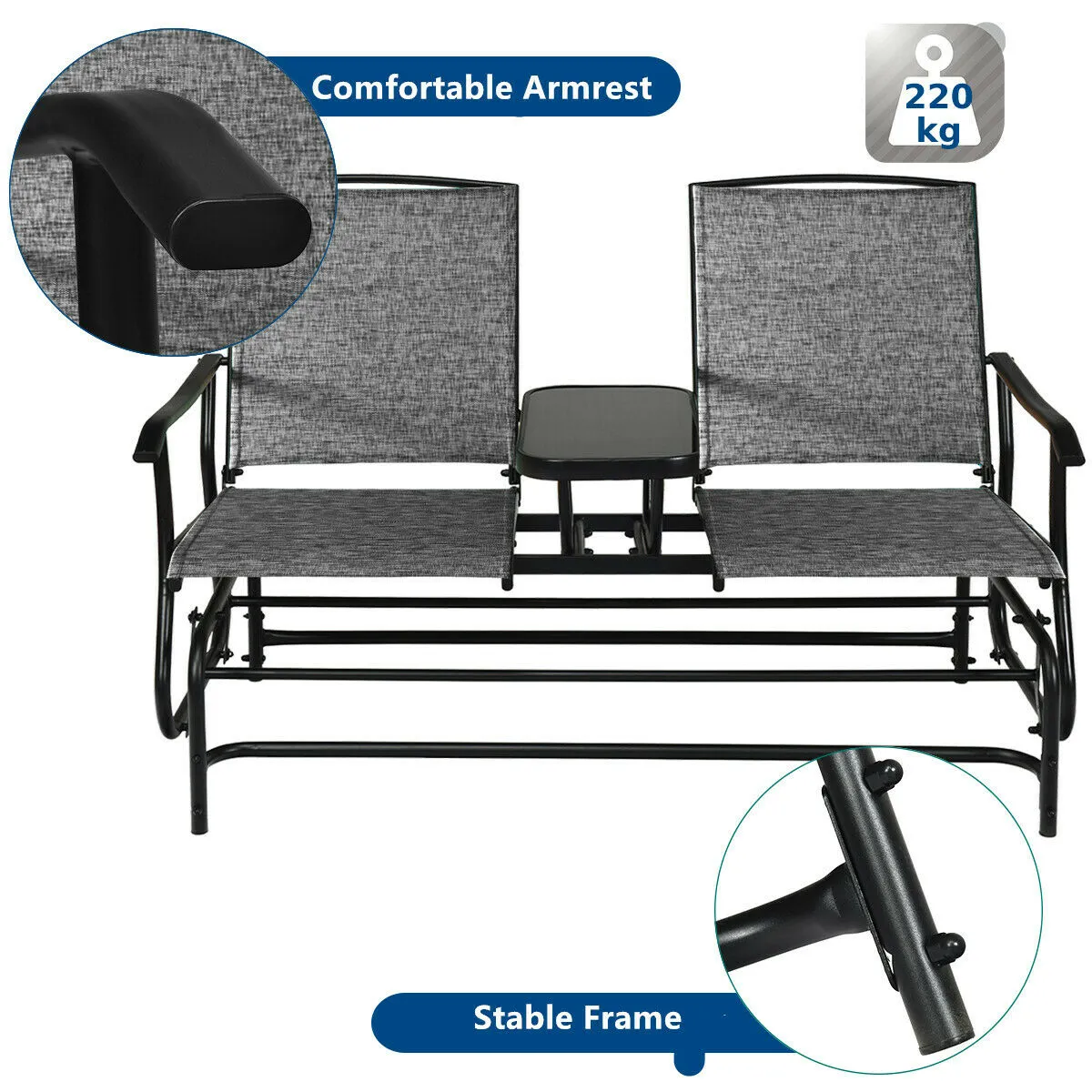 2 Seater Garden Rocking Lounge with Centre Table-Grey