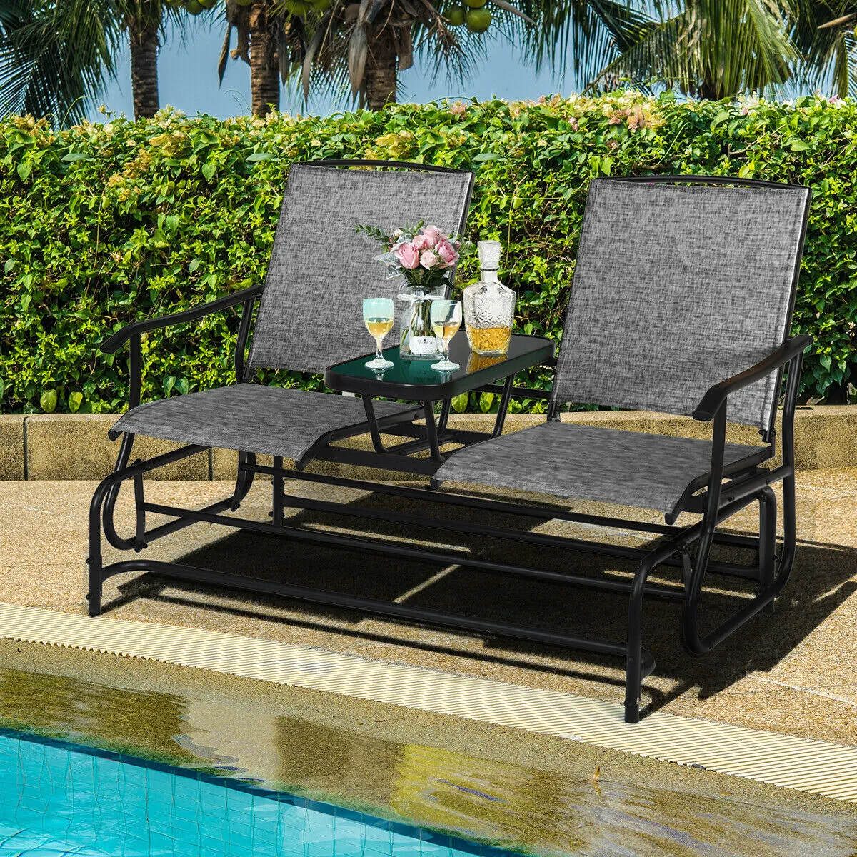 2 Seater Garden Rocking Lounge with Centre Table-Grey