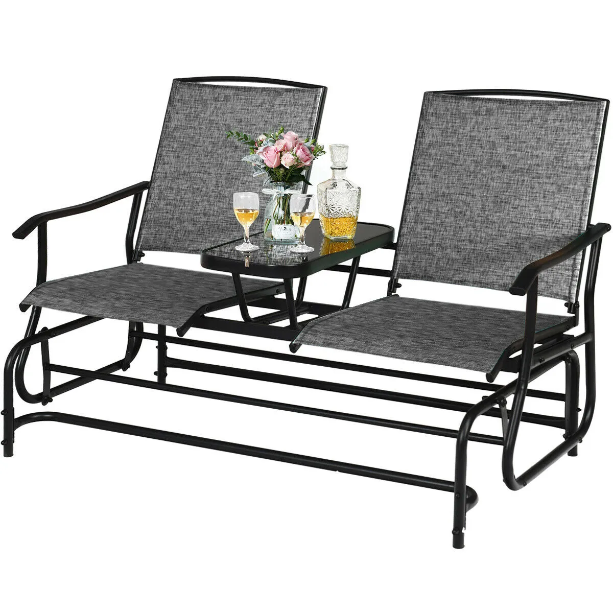 2 Seater Garden Rocking Lounge with Centre Table-Grey