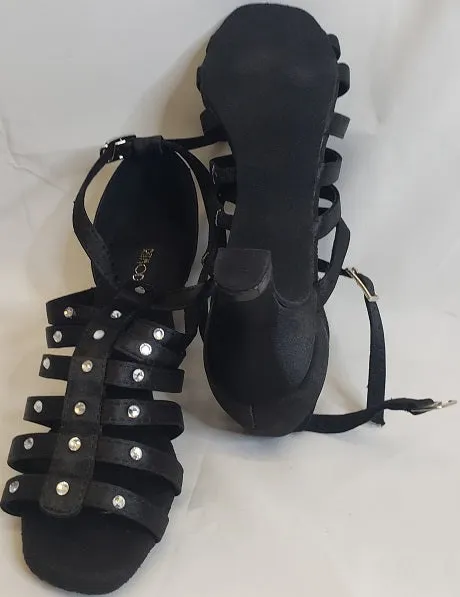 2.38" Shamie -- Flare Heel Latin Sandal -- Black Satin