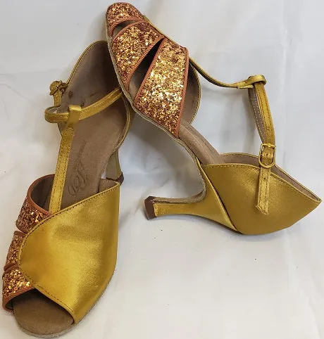 3" Maureen -- Flare Heel Latin Sandal -- Tan Satin/Dark Tan Glitter