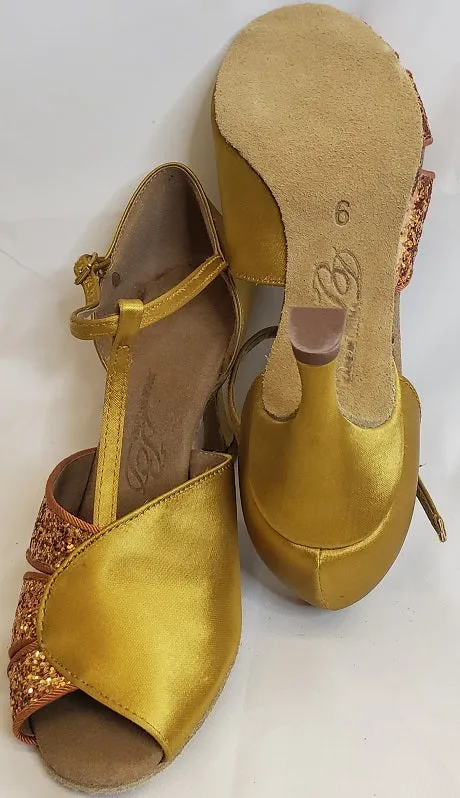 3" Maureen -- Flare Heel Latin Sandal -- Tan Satin/Dark Tan Glitter