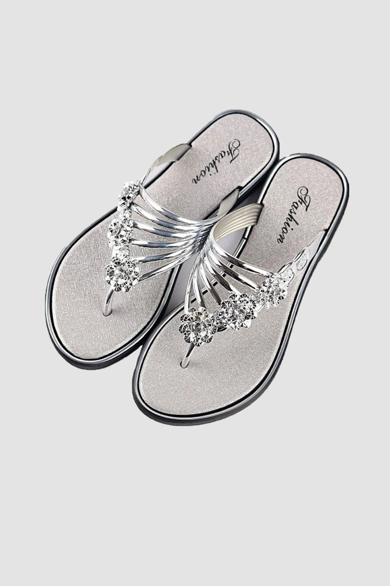 Amozae-Flower Rhinestone Flip Flop Flat Sandals