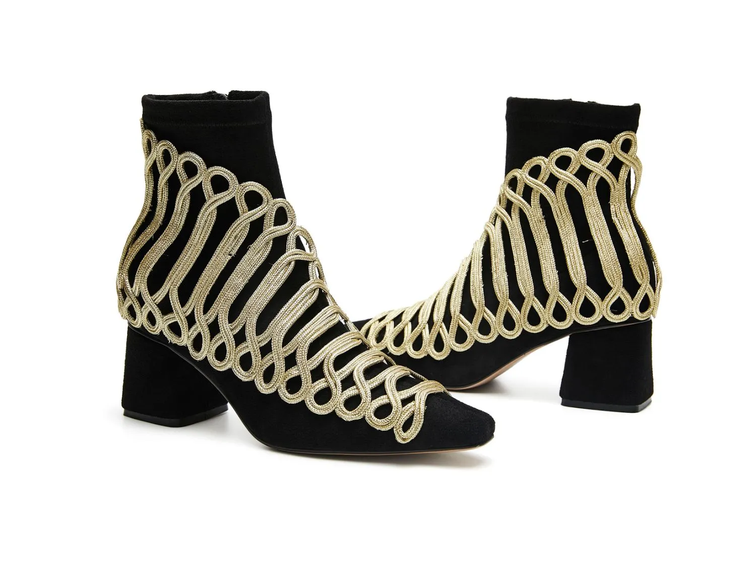 B-FEI Military Vintage retro gold embroidered accent short ankle Chelsea leather thick heel boot- Lola