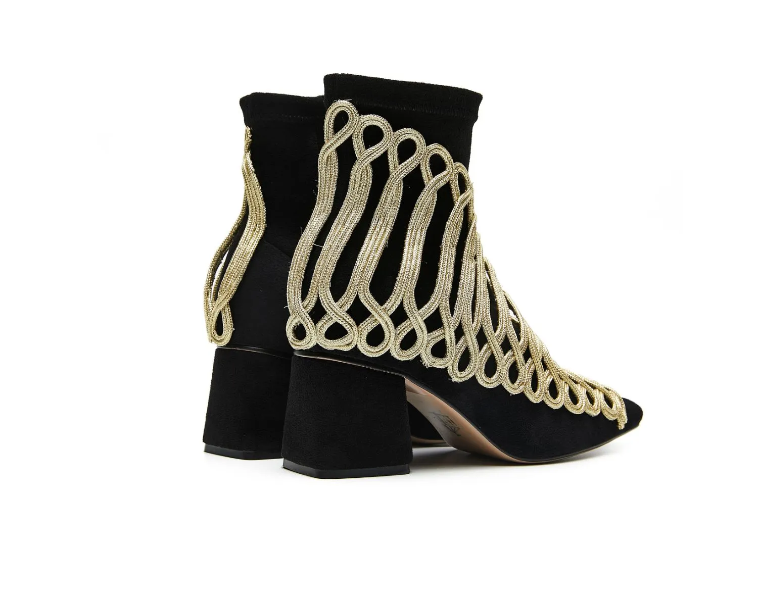 B-FEI Military Vintage retro gold embroidered accent short ankle Chelsea leather thick heel boot- Lola