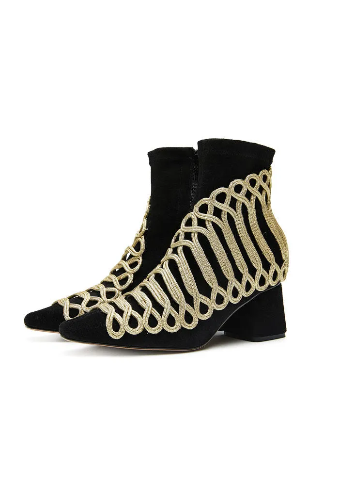 B-FEI Military Vintage retro gold embroidered accent short ankle Chelsea leather thick heel boot- Lola