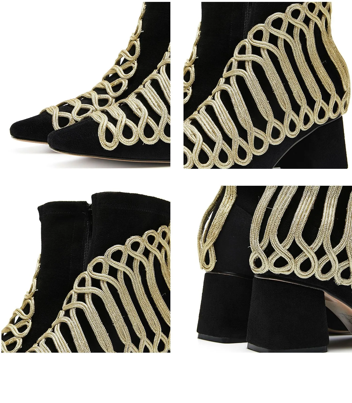 B-FEI Military Vintage retro gold embroidered accent short ankle Chelsea leather thick heel boot- Lola