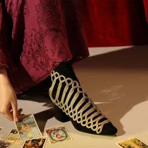 B-FEI Military Vintage retro gold embroidered accent short ankle Chelsea leather thick heel boot- Lola