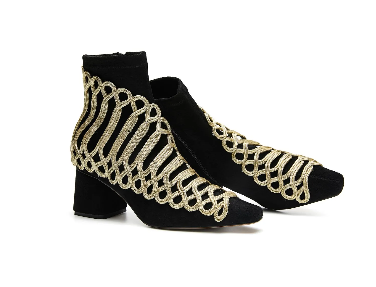B-FEI Military Vintage retro gold embroidered accent short ankle Chelsea leather thick heel boot- Lola