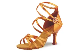 BD Dance 205_SALE Ladies Tan Satin Latin Dance Shoe with Double Cross Ankle Strap