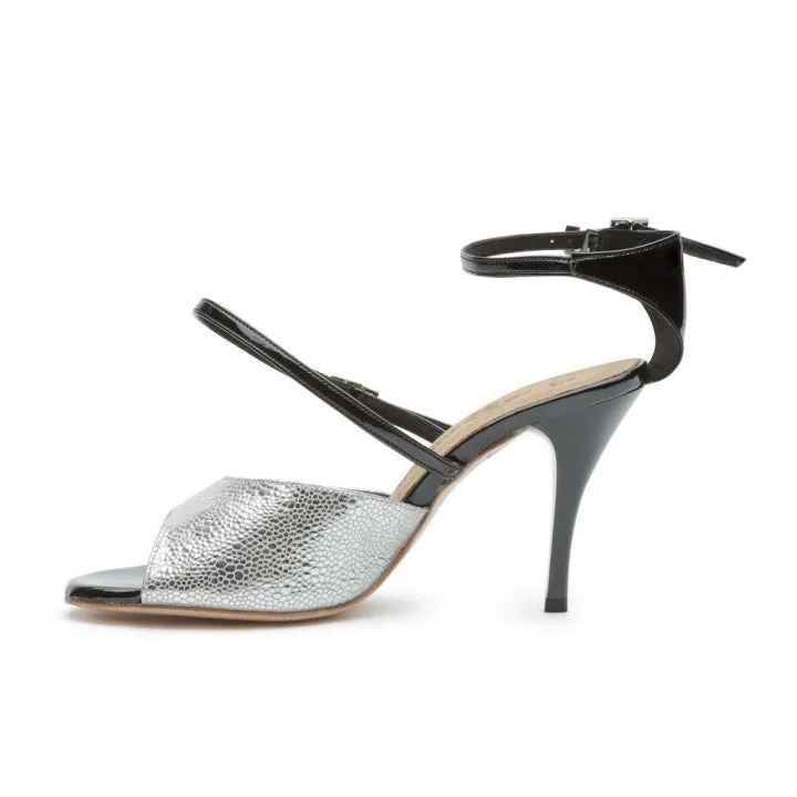 BD Dance TG004 Metallic Silver Snake Skin and Black Patent Leather Tango and Social Dance Shoe with Stiletto Heel