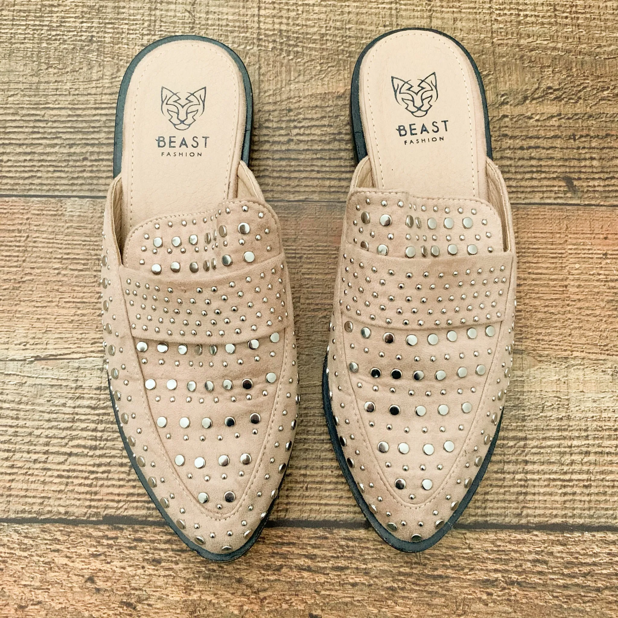 Beast Tan Silver Studded Mules- Size 6.5