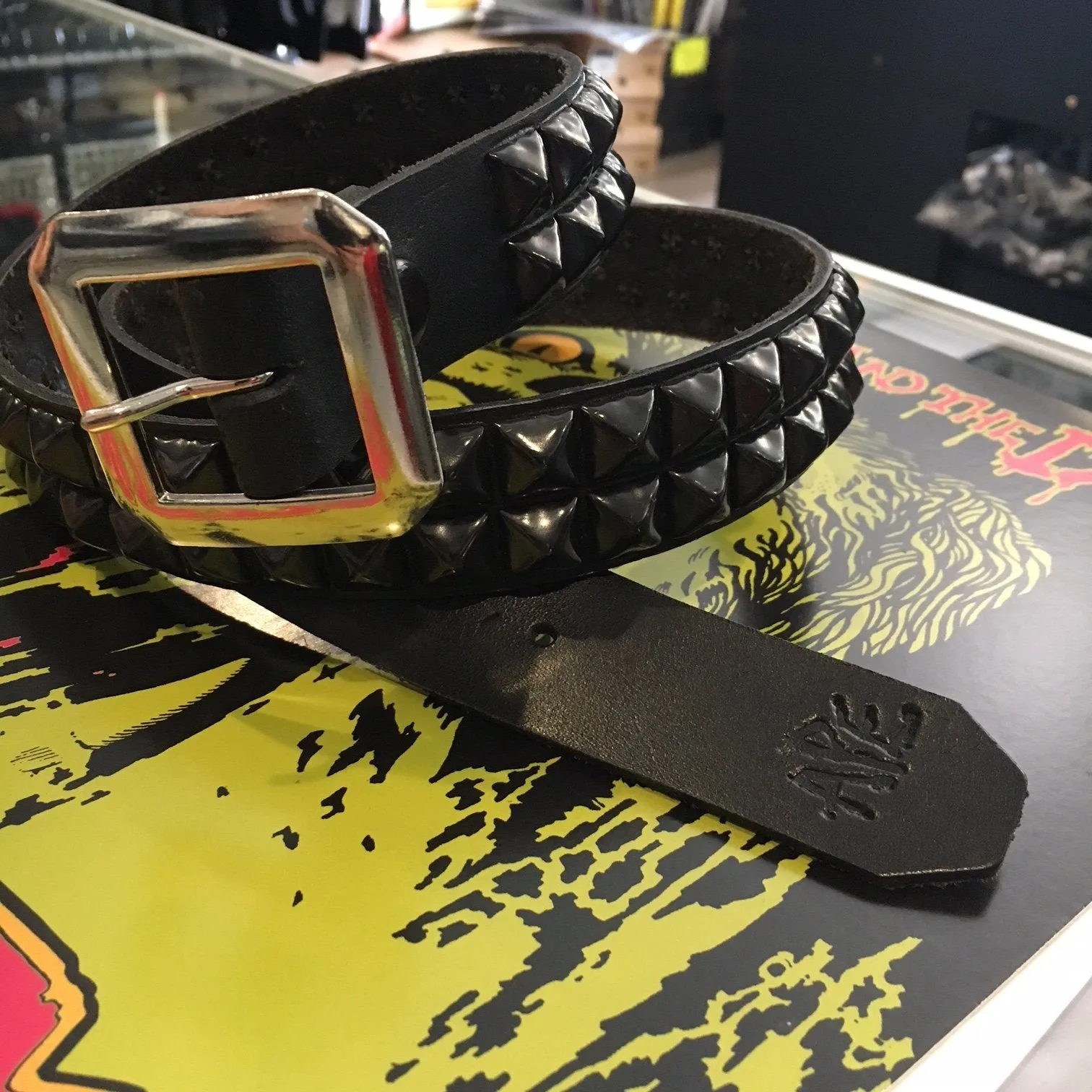 Black Leather Belt w/ 2 Rows of Black Pyramids