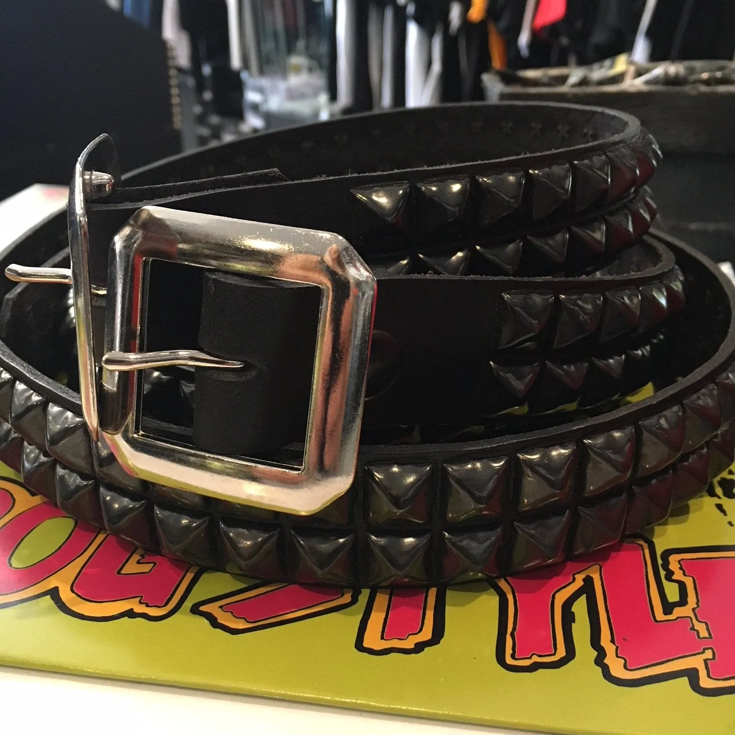 Black Leather Belt w/ 2 Rows of Black Pyramids