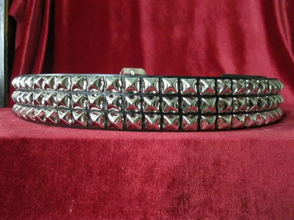 Black Leather Belt w/ 3 Rows of Silver Pyramid Studs