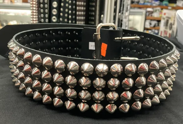 Black Leather Belt w/ 4 Rows of Silver Cone Studs