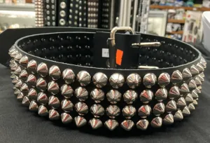 Black Leather Belt w/ 4 Rows of Silver Cone Studs