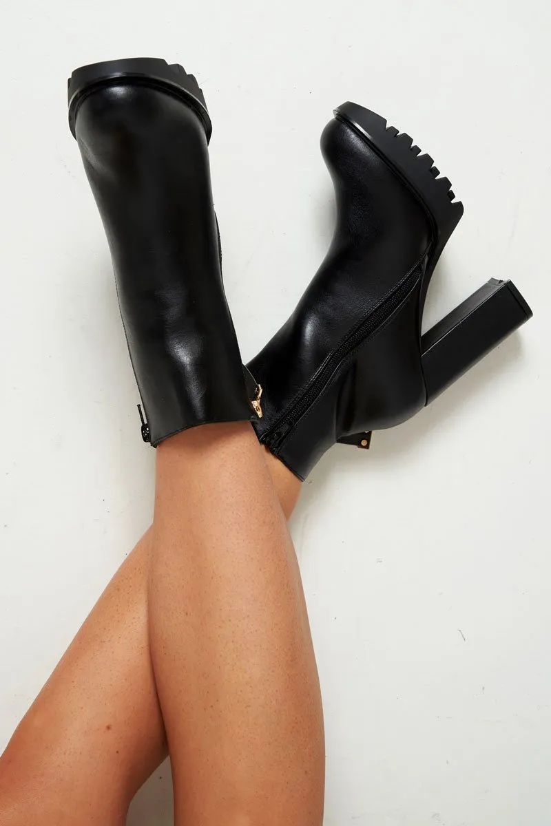 Black Pu Block Heel Zip Side Boots - Seraphine
