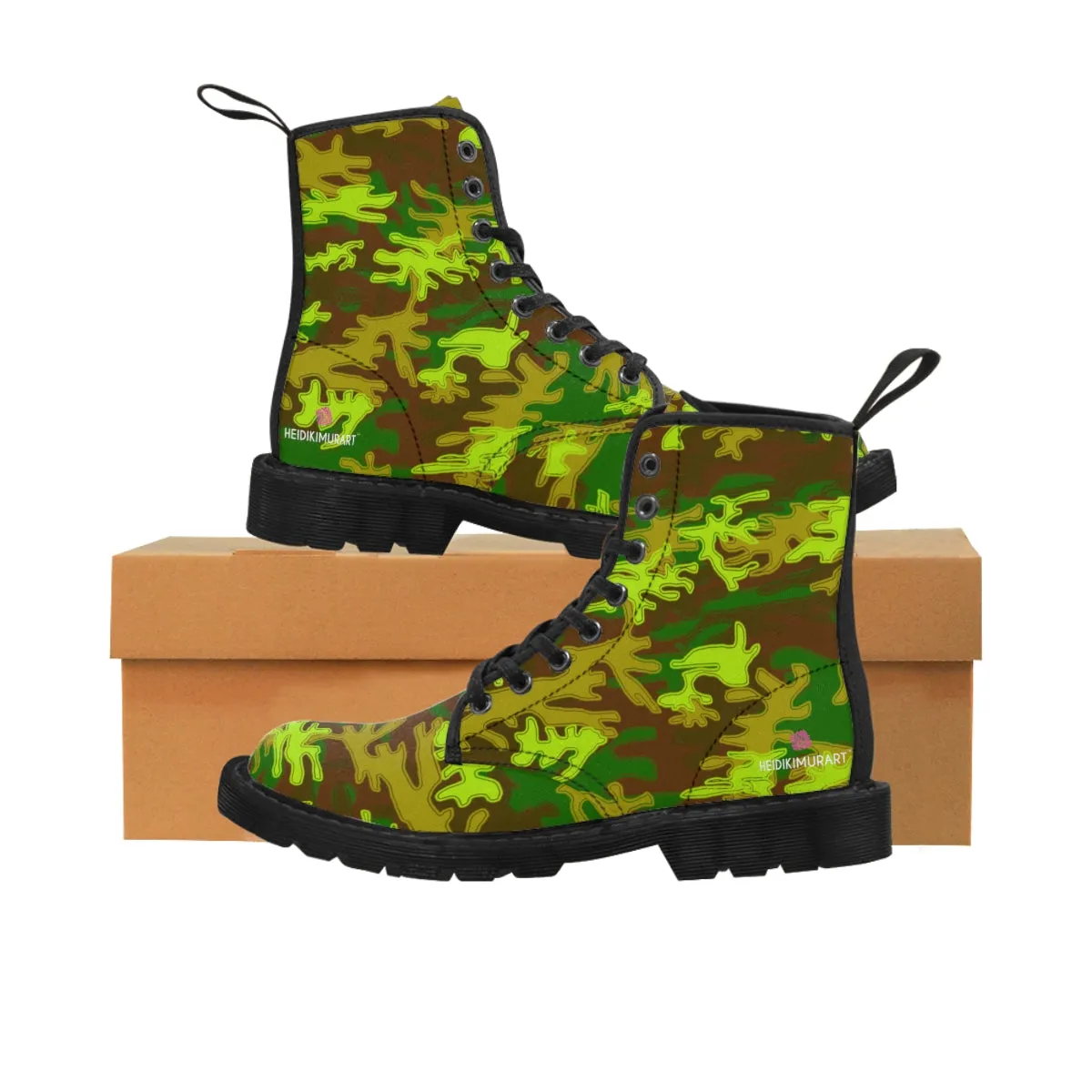 Brown Green Camo Women's Boots, Army Military Print Best Winter Laced Up Canvas Boots For Women (US Size 6.5-11)