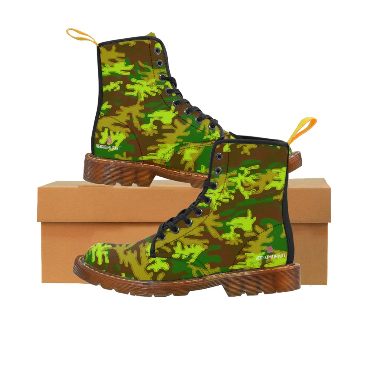 Brown Green Camo Women's Boots, Army Military Print Best Winter Laced Up Canvas Boots For Women (US Size 6.5-11)
