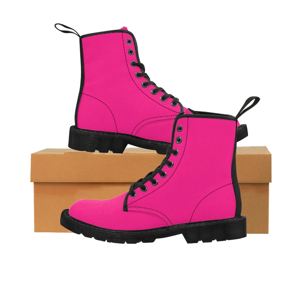 Candy Pink Men's Boots, Solid Color Print Canvas Winter Laced Up Hiking Boots Shoes For Men  (US Size: 7-10.5)