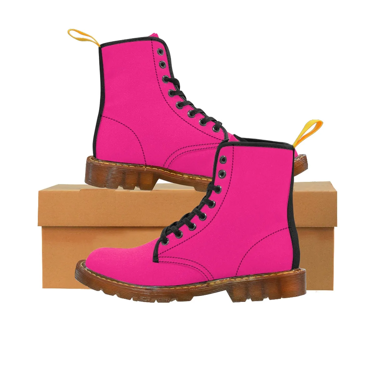 Candy Pink Men's Boots, Solid Color Print Canvas Winter Laced Up Hiking Boots Shoes For Men  (US Size: 7-10.5)