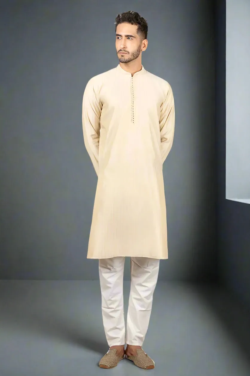 Cream-Colored Woven Striped Chanderi Kurta