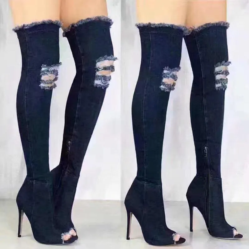 Fashion Stiletto High Heel Peep Toe Hollow Out Breathable Elastic Over The Knee Boots