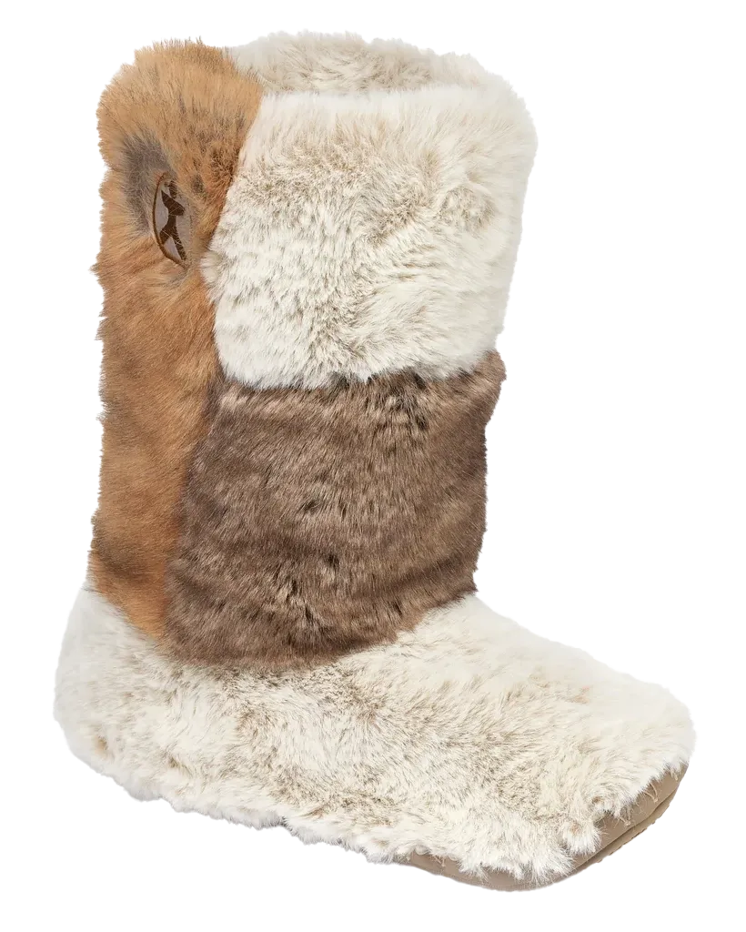 Florence Longer Length Luxury Faux Fur Slipper Boots in Patchwork Ferret