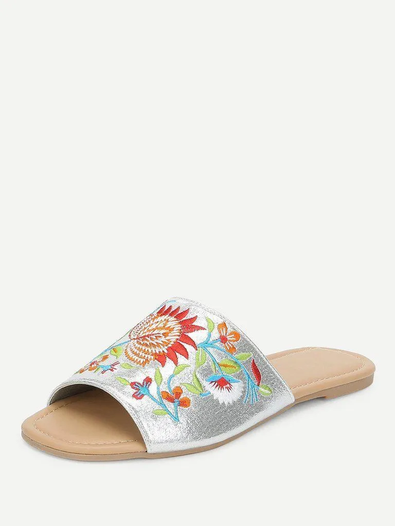 Flower Embroidered Flat Sandals