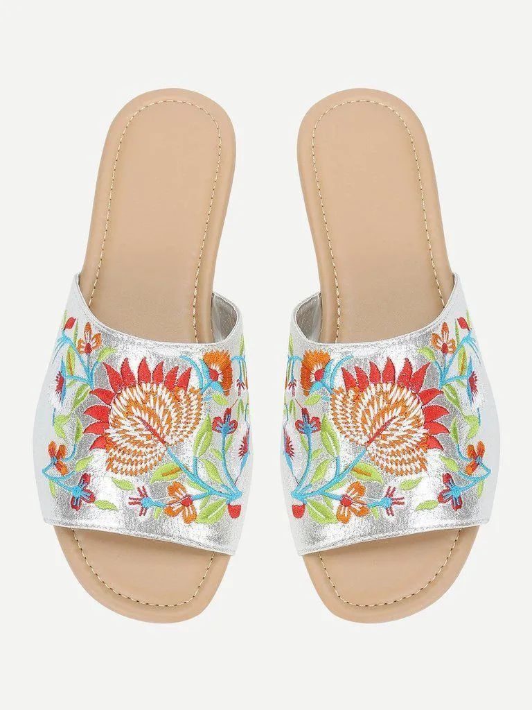 Flower Embroidered Flat Sandals