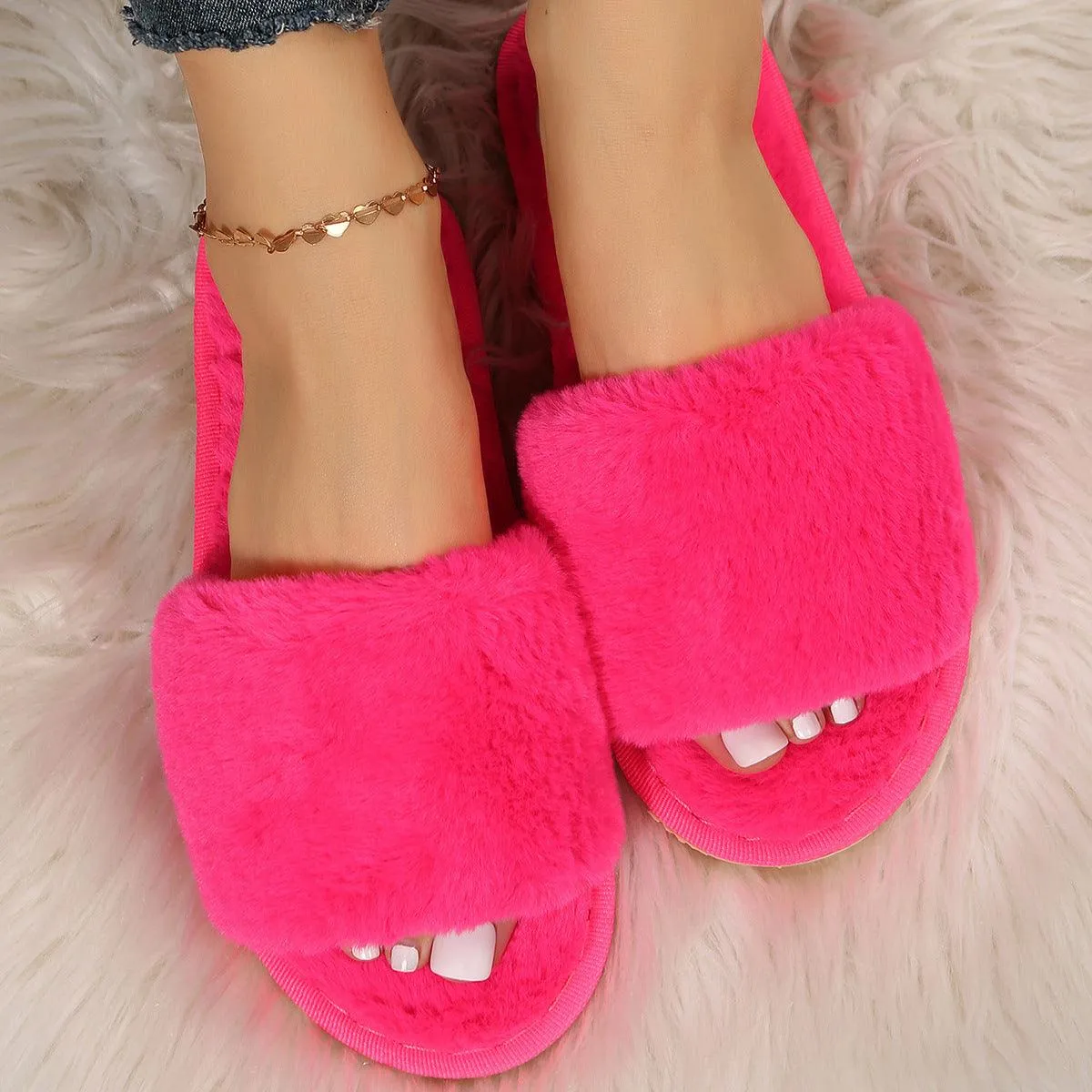Fluffy Women's Indoor Lazy Plush Slippers Flat Cotton Slippers