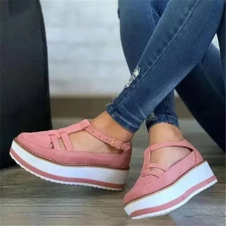 Fly Knit Solid Ankle Strap Leather Platform Sandals