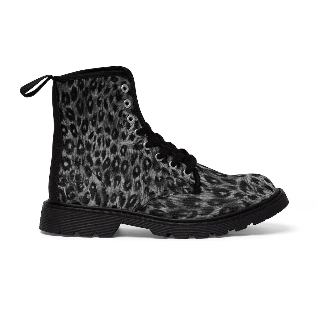 Grey Leopard Women's Canvas Boots, Animal Print Best Winter Boots For Fashionable Ladies