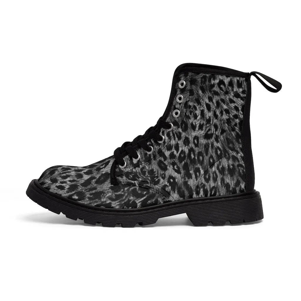 Grey Leopard Women's Canvas Boots, Animal Print Best Winter Boots For Fashionable Ladies