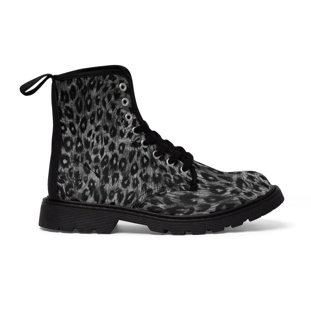 Grey Leopard Women's Canvas Boots, Animal Print Best Winter Boots For Fashionable Ladies
