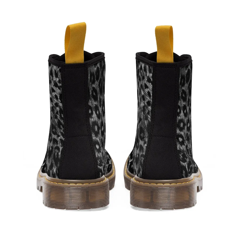 Grey Leopard Women's Canvas Boots, Animal Print Best Winter Boots For Fashionable Ladies