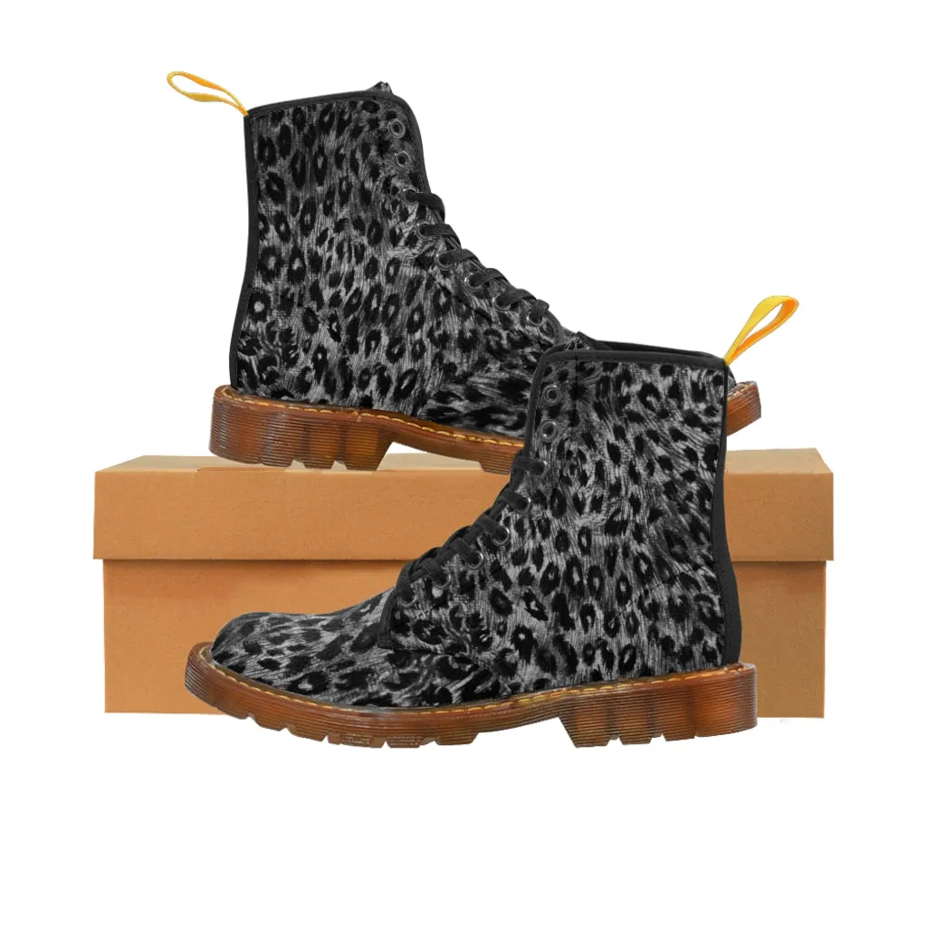 Grey Leopard Women's Canvas Boots, Animal Print Best Winter Boots For Fashionable Ladies