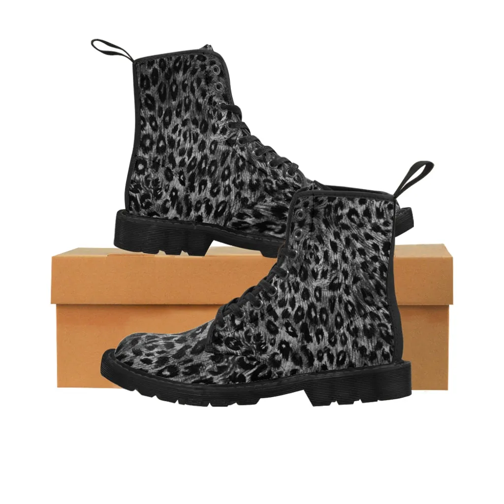 Grey Leopard Women's Canvas Boots, Animal Print Best Winter Boots For Fashionable Ladies