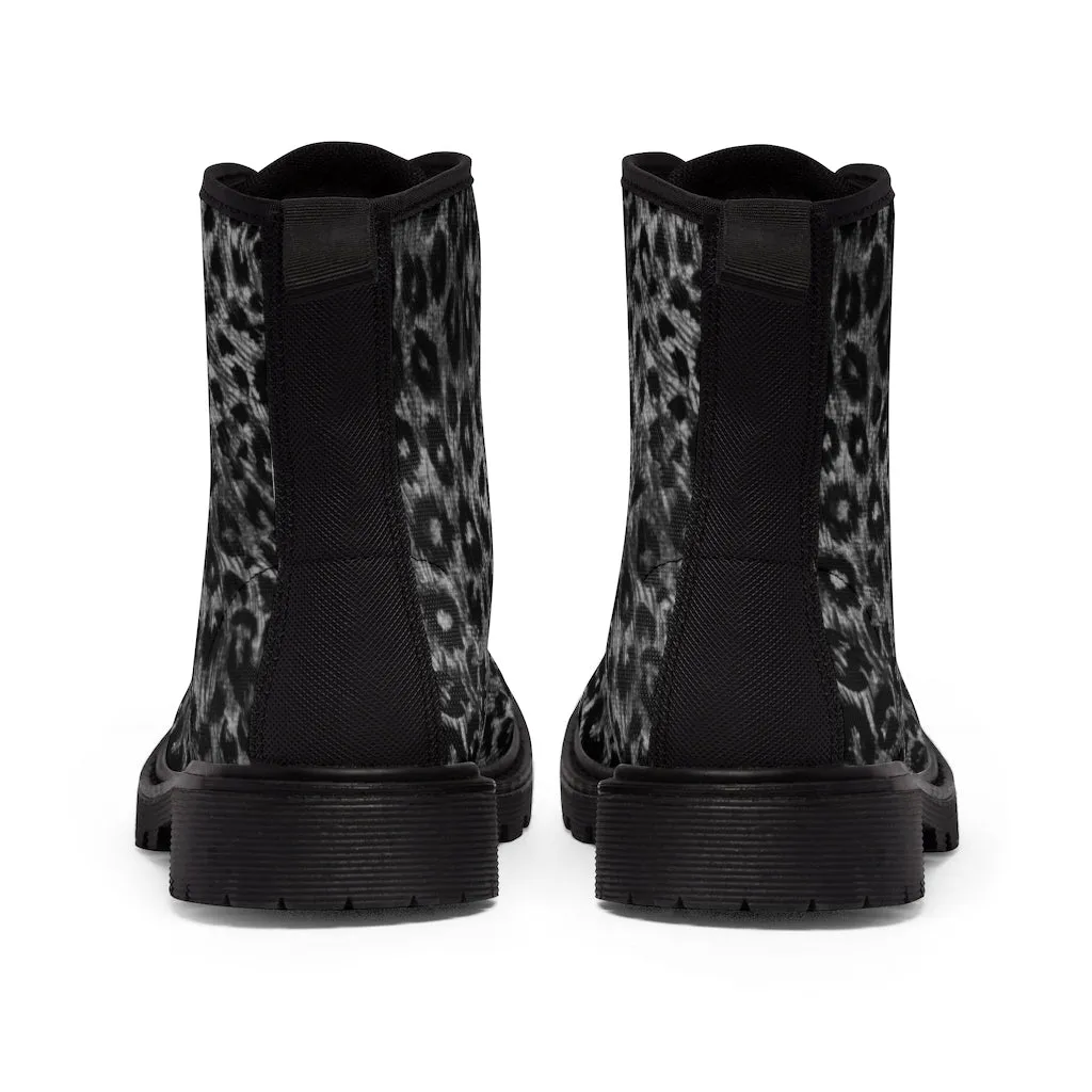 Grey Leopard Women's Canvas Boots, Animal Print Best Winter Boots For Fashionable Ladies