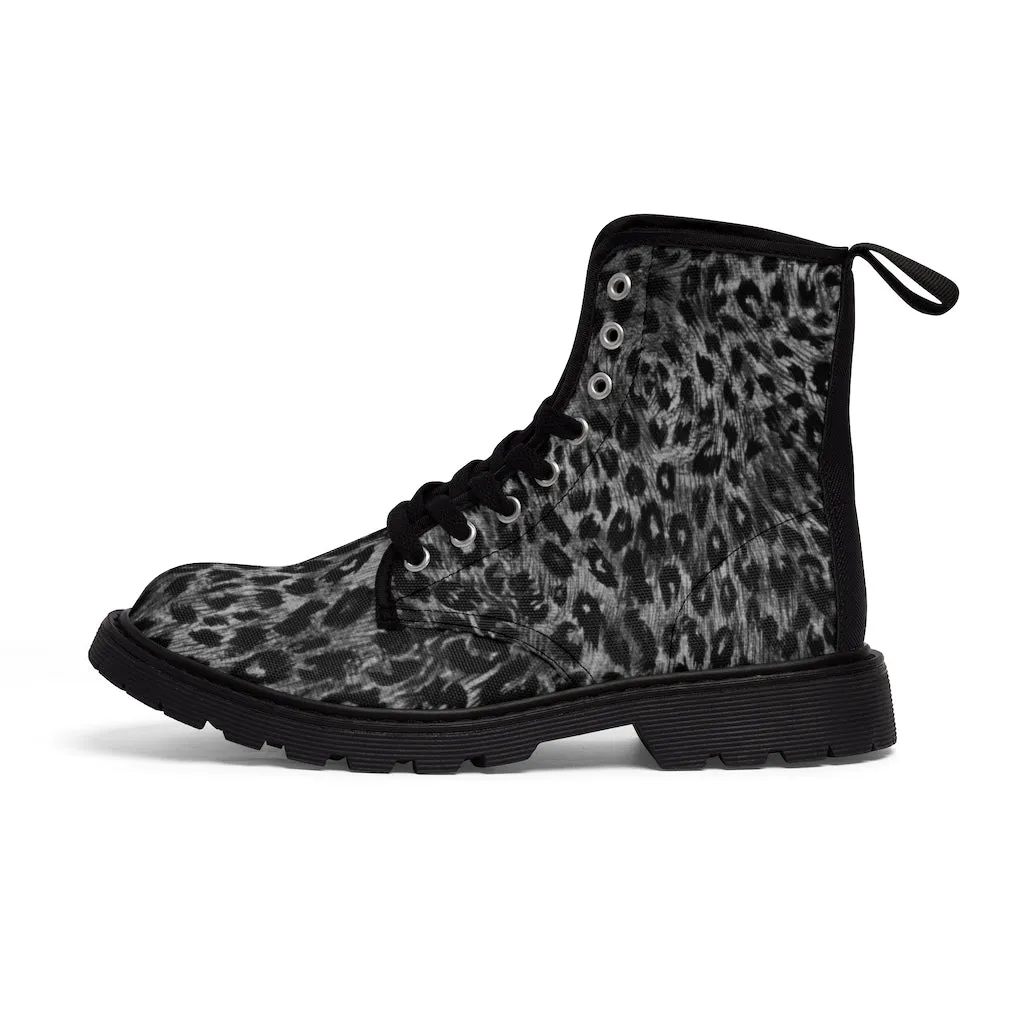 Grey Leopard Women's Canvas Boots, Animal Print Best Winter Boots For Fashionable Ladies