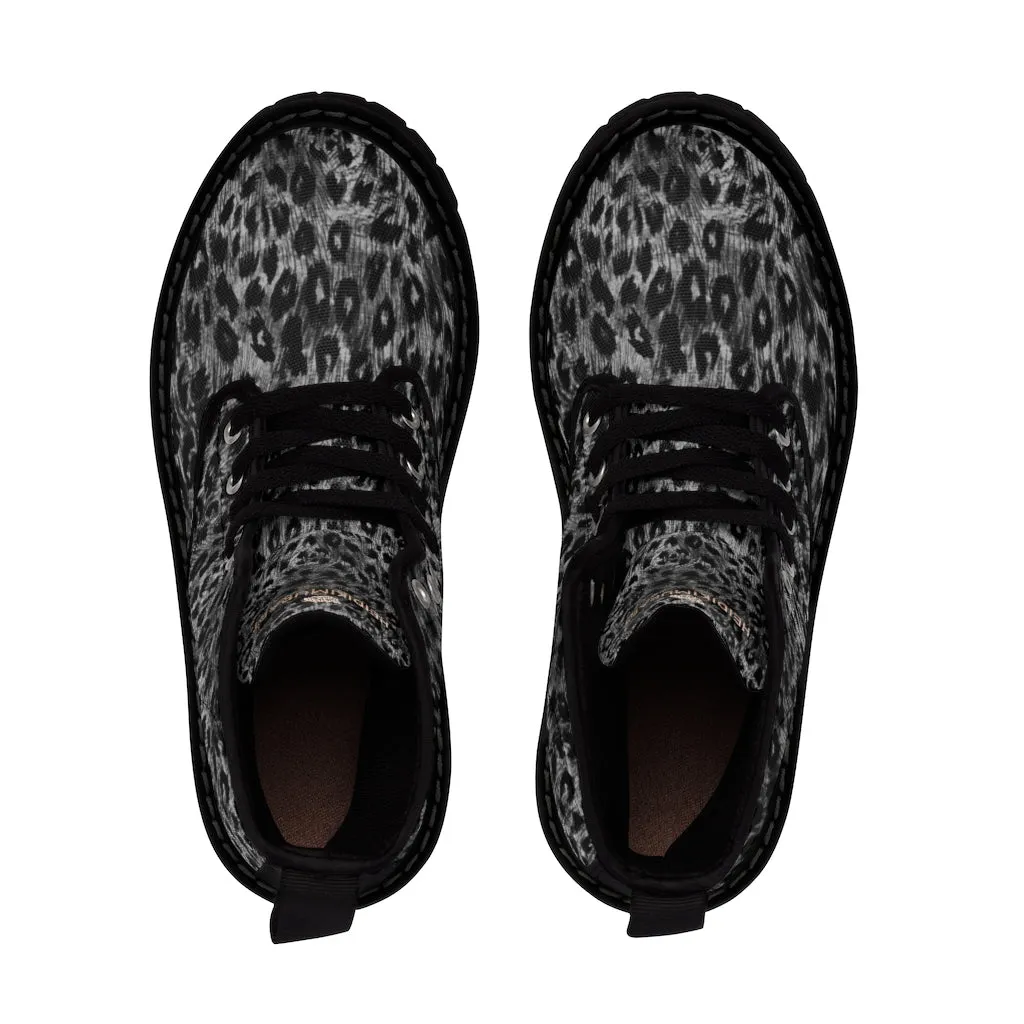 Grey Leopard Women's Canvas Boots, Animal Print Best Winter Boots For Fashionable Ladies