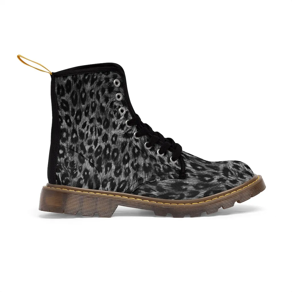 Grey Leopard Women's Canvas Boots, Animal Print Best Winter Boots For Fashionable Ladies