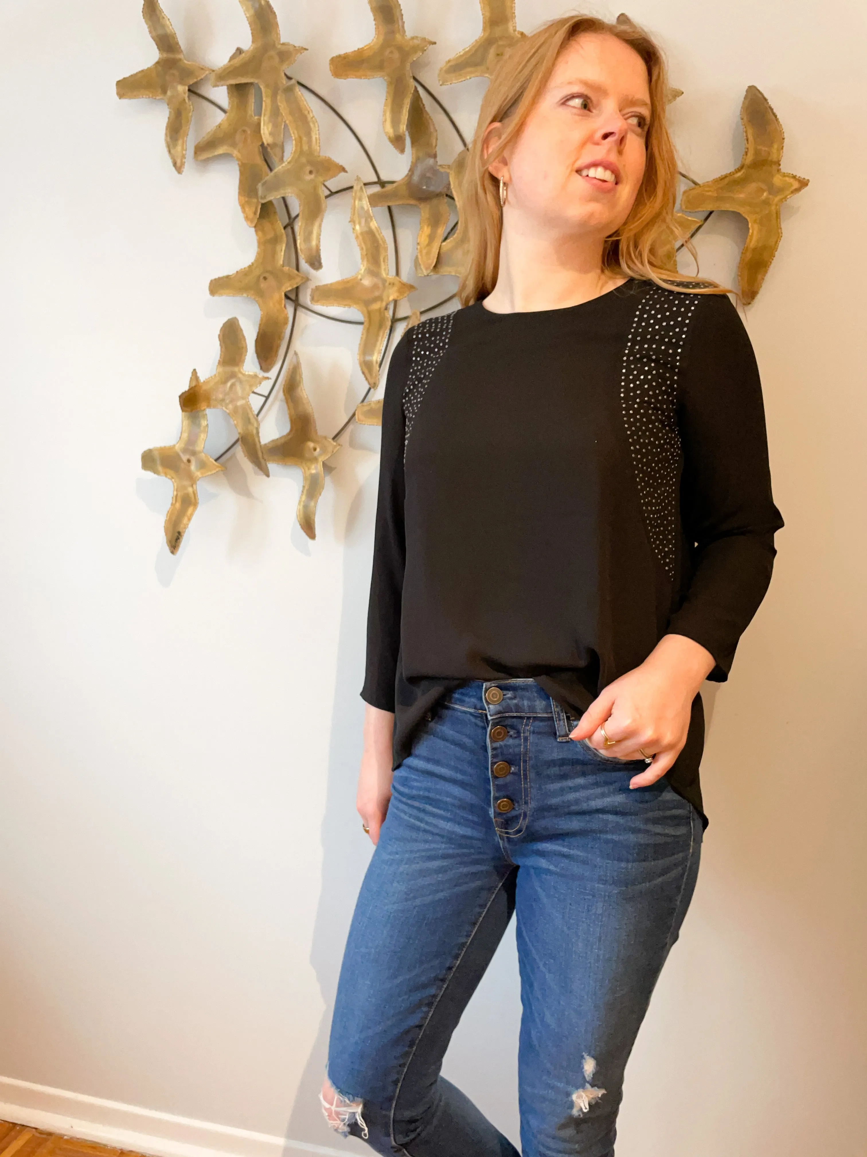 H&M Black Studded 3/4 Sleeve Flowy Top - Size 6