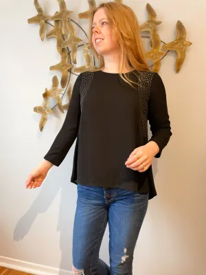 H&M Black Studded 3/4 Sleeve Flowy Top - Size 6