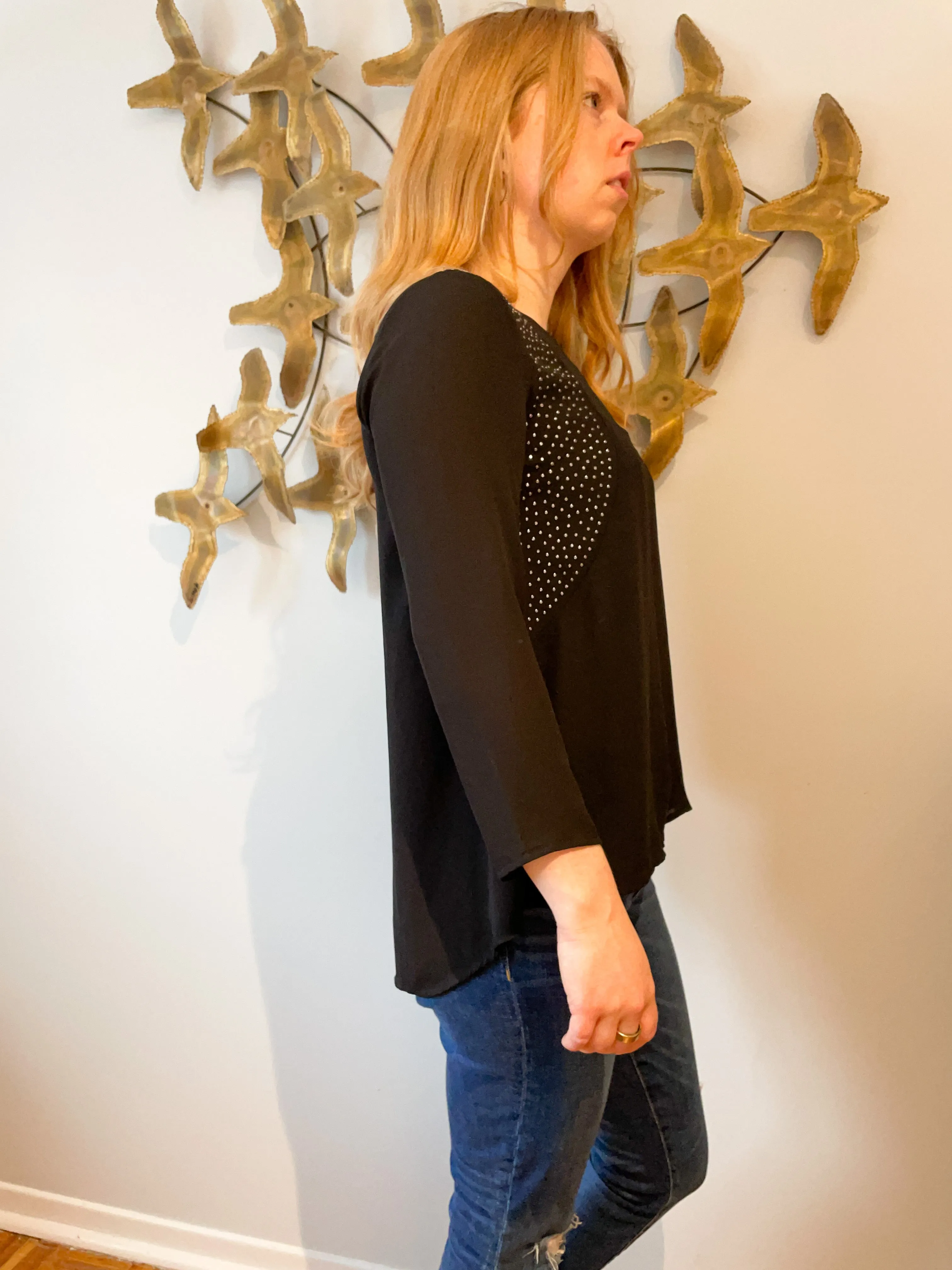 H&M Black Studded 3/4 Sleeve Flowy Top - Size 6